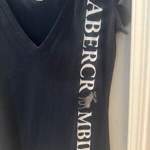 Abercrombie & Fitch Navy V-Neck Tee with White Vertical Logo